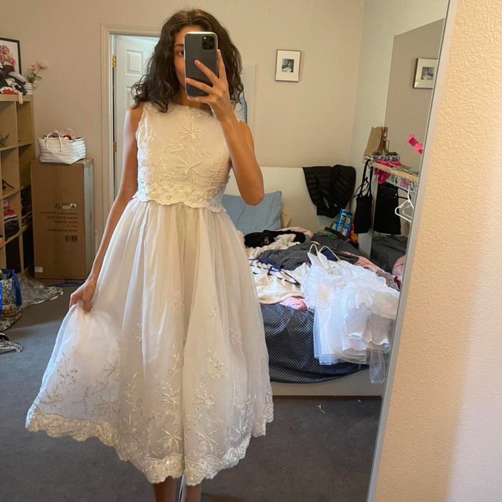White Floral Embroidered Tea-Length Dress